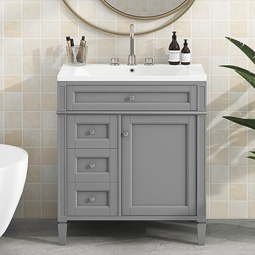 30inch Bathroom Vanity with Sink, 2 Drawers and a Tip-Out Drawer, White B744991