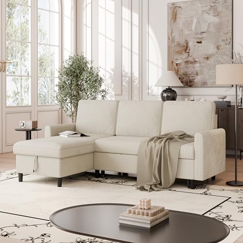 Beige Corduroy L-Shaped Sleeper Sofa with Storage J29785