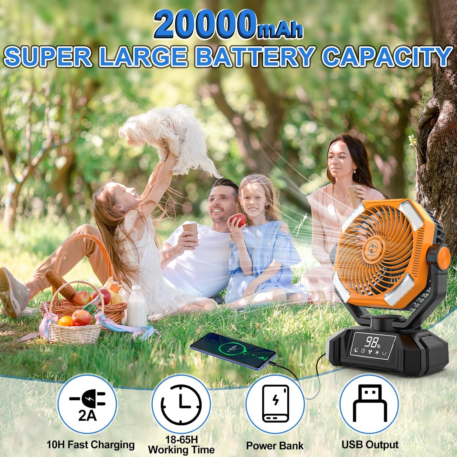 20000mAh Rechargeable Oscillating Camping Fan with LED Lantern and Remote Control Y6886