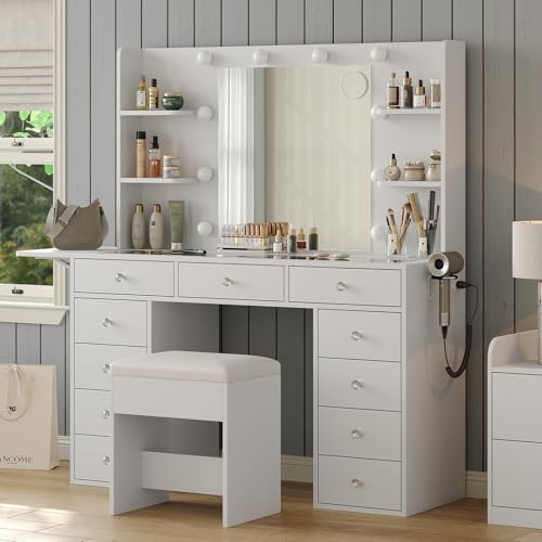 White 11 Drawer Vanity Desk with Lighted Mirror W1800