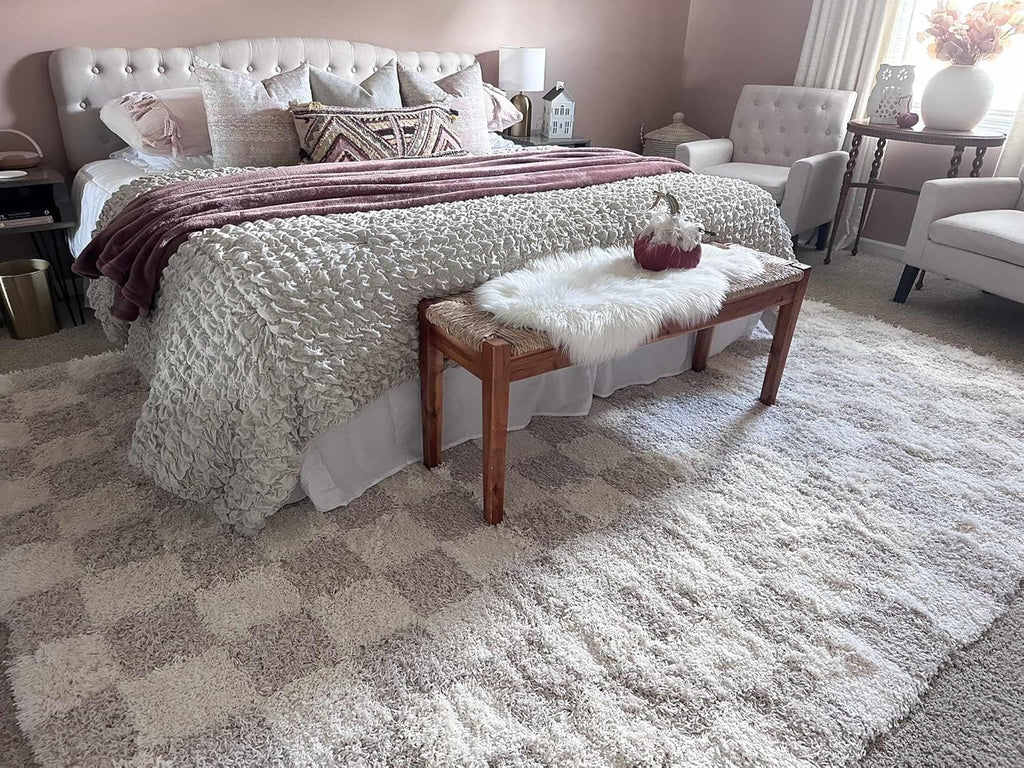 Beige Cream White Checkered Fluffy Shag Area Rug 6'7" x 9'6" K365