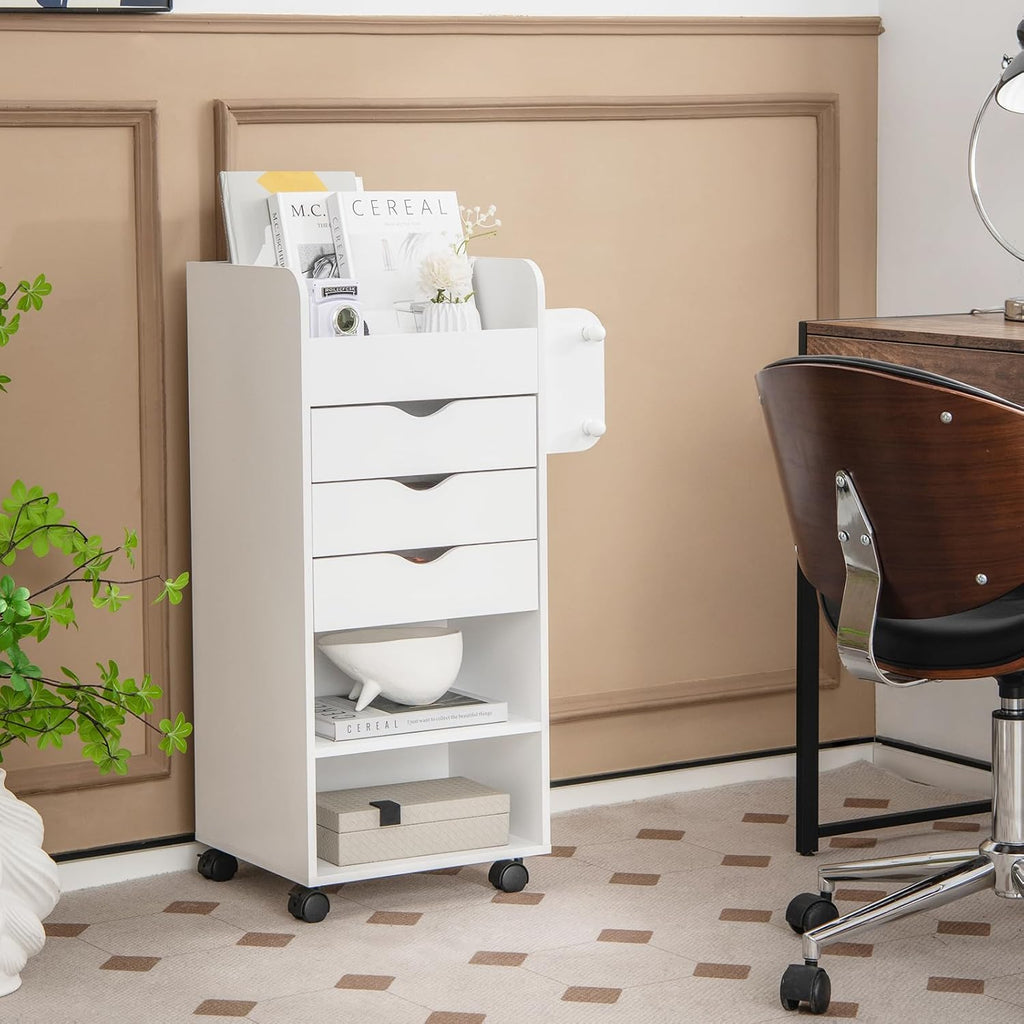 Rolling Storage Drawer Cart with 3 Drawers, 2 Open Shelves, Lockable Casters M228192