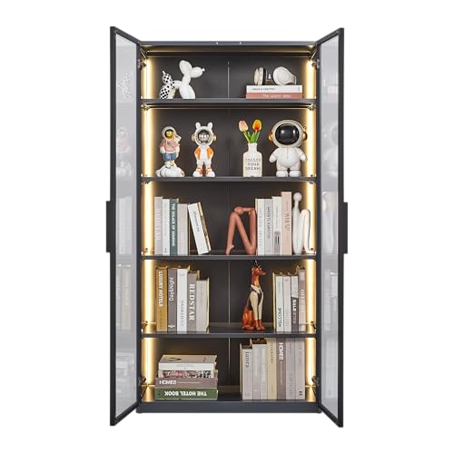 5 Shelves Metal Glass Display Cabinet with Light Strips Y85687