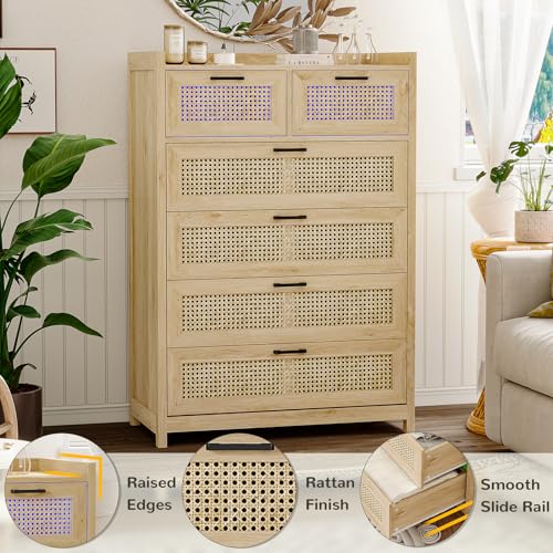 Rattan 6 Drawer Dresser with LED Lights A2436