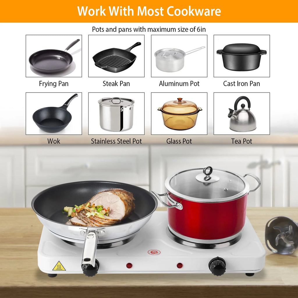 Electric Double Burner Portable Cooktop Countertop Dual Flat Burner Hot Plate Kitchen Cooker Stove with 5 Gear Temperature Control C8304
