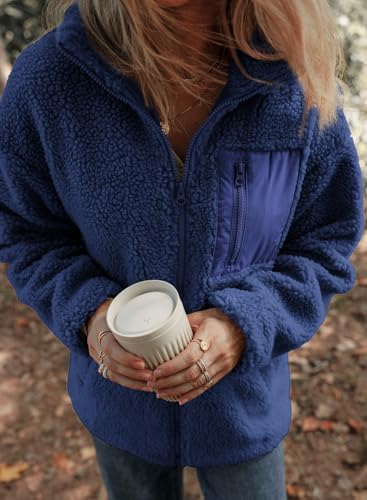 Womens Fleece Jackets Long Sleeve Warm Teddy Coats with Pockets A7965