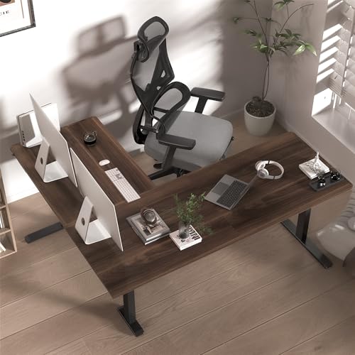 L-Shaped Electric Standing Desk, 63x55 Inch, Walnut, Adjustable Height, Wheeled A362