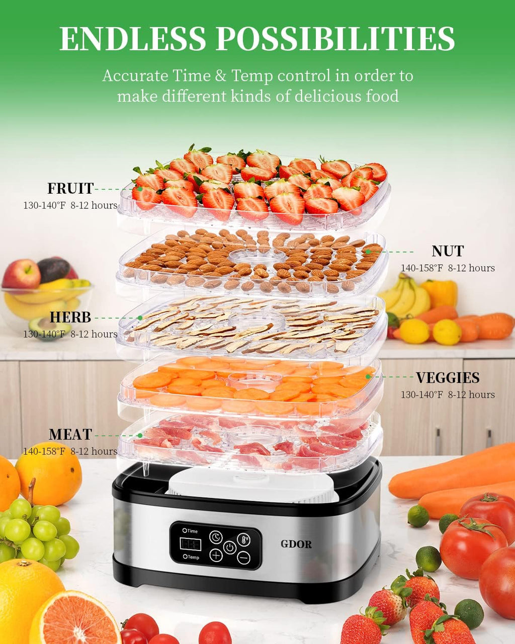 5-Tray Food Dehydrator with Adjustable Temperature & 72H Timer A471