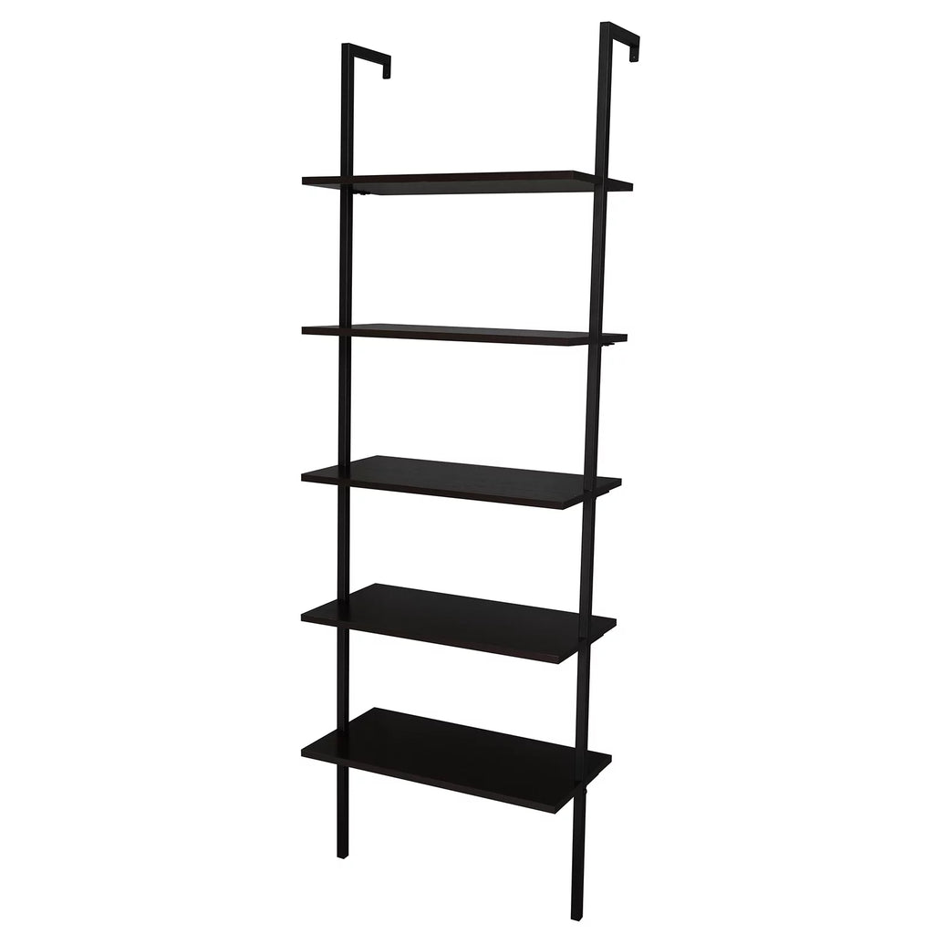Dark Walnut 5-Shelf Wood Ladder Bookcase with Metal Frame T763088
