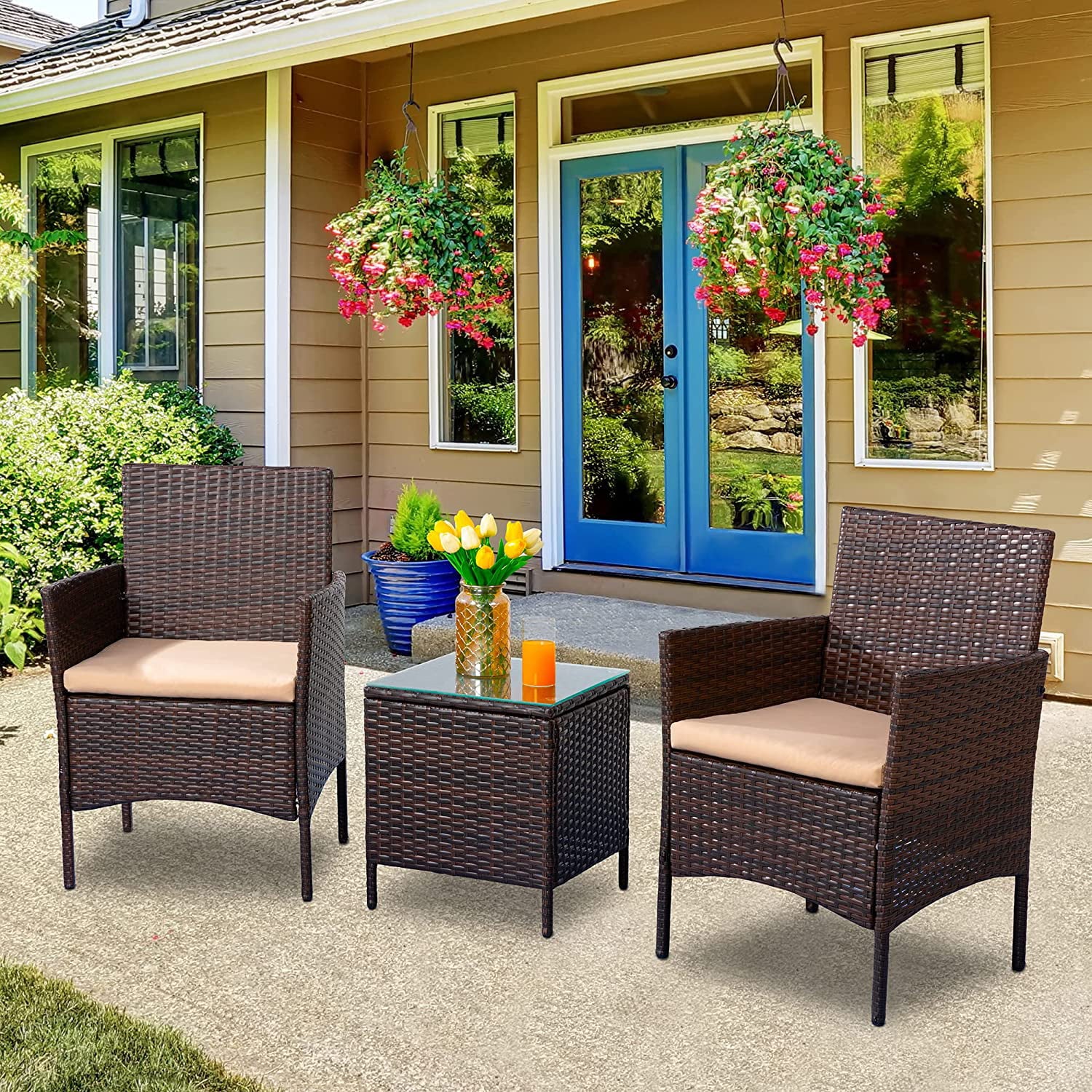 3 Pieces Outdoor Patio Furniture Set with Cushions and Coffee Table Brown C379