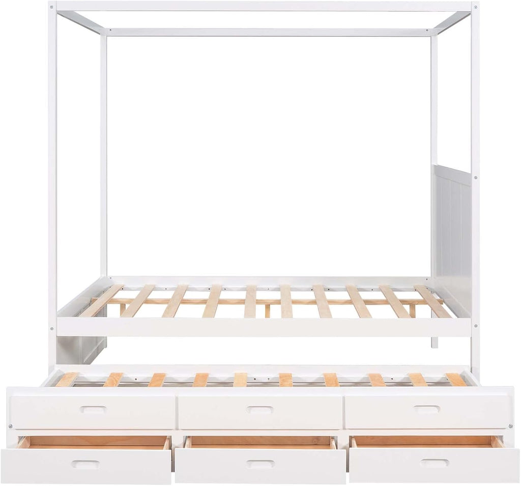 White Queen Size Wood Canopy Platform Bed with Twin Size Trundle Bed and 3 Storage Drawers Z926167