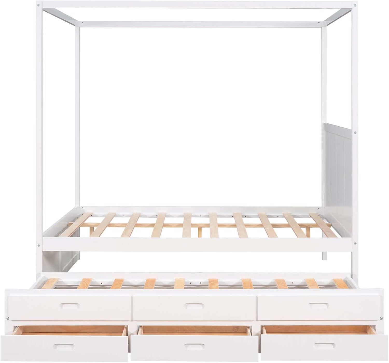 White Queen Size Wood Canopy Platform Bed with Twin Size Trundle Bed and 3 Storage Drawers Z926167