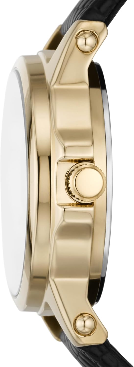 Gold Alloy Metal and Black Leather Band Watch E705954