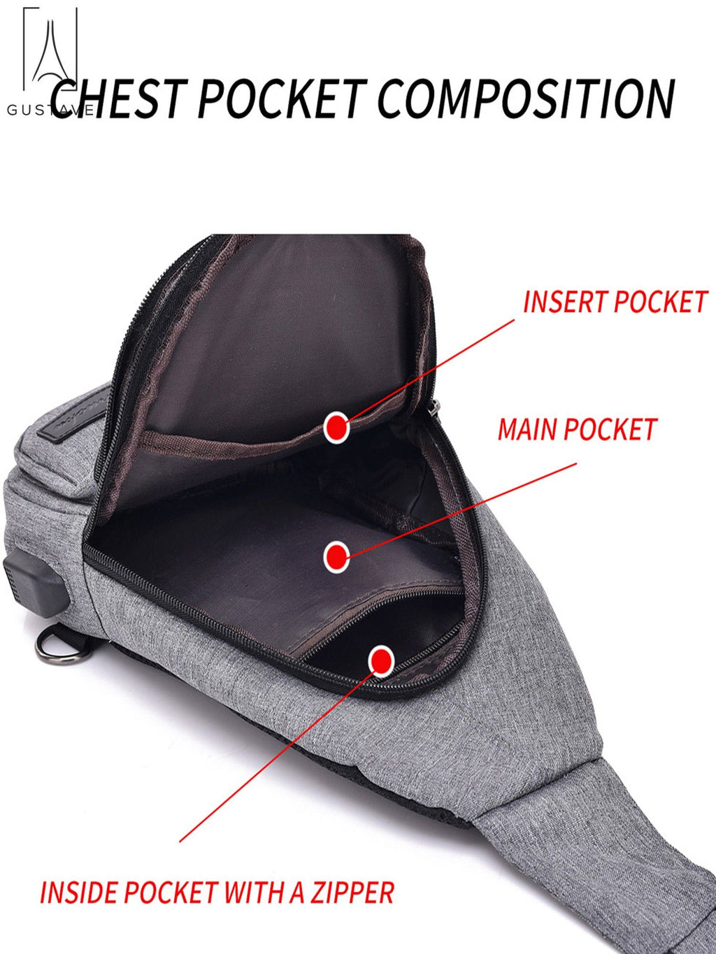 Black Nylon Chest Sling Bag with USB Charge Port T502678