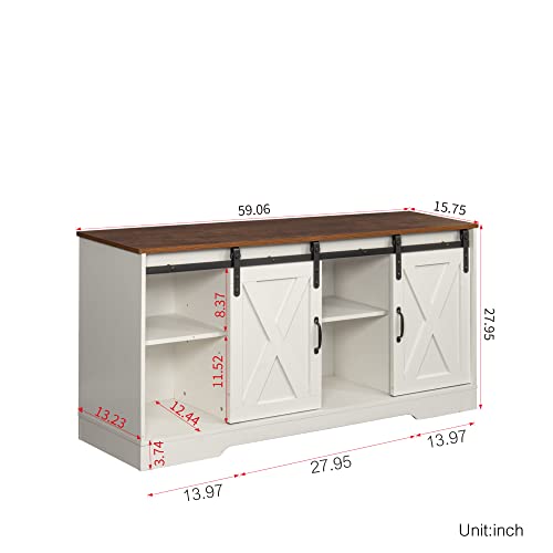 White 59 Inch Wood TV Stand with Sliding Barn Doors F7941