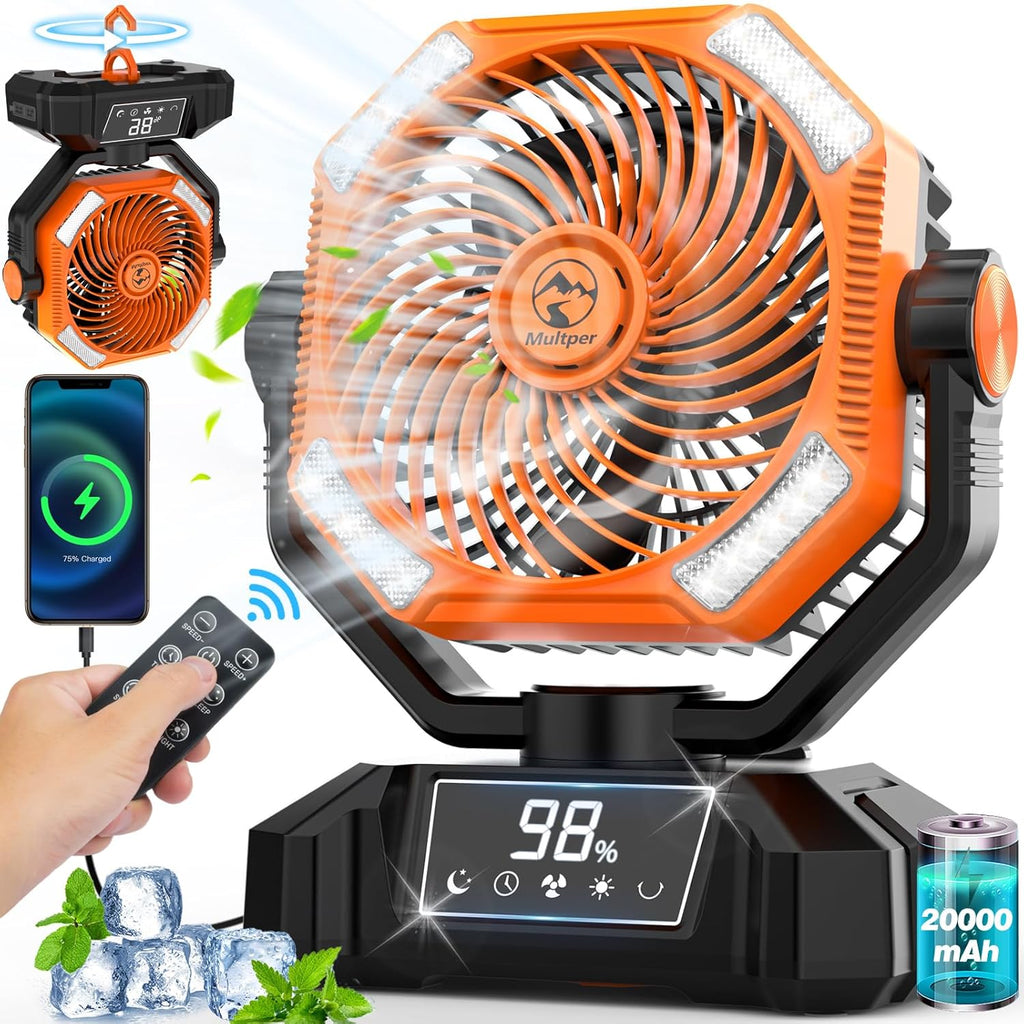 20000mAh Rechargeable Oscillating Camping Fan with LED Lantern and Remote Control Y6886