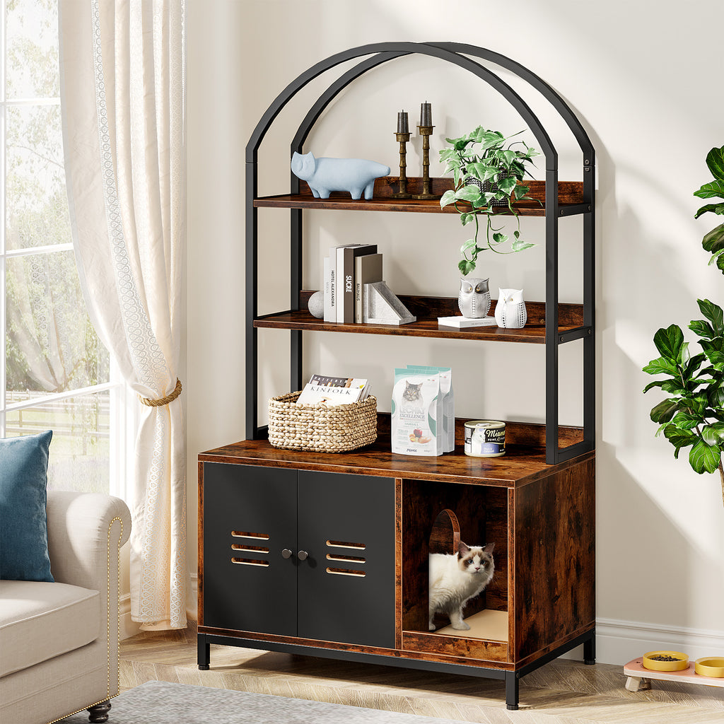 Cat Litter Box Enclosure Furniture with Shelves and Doors X35575