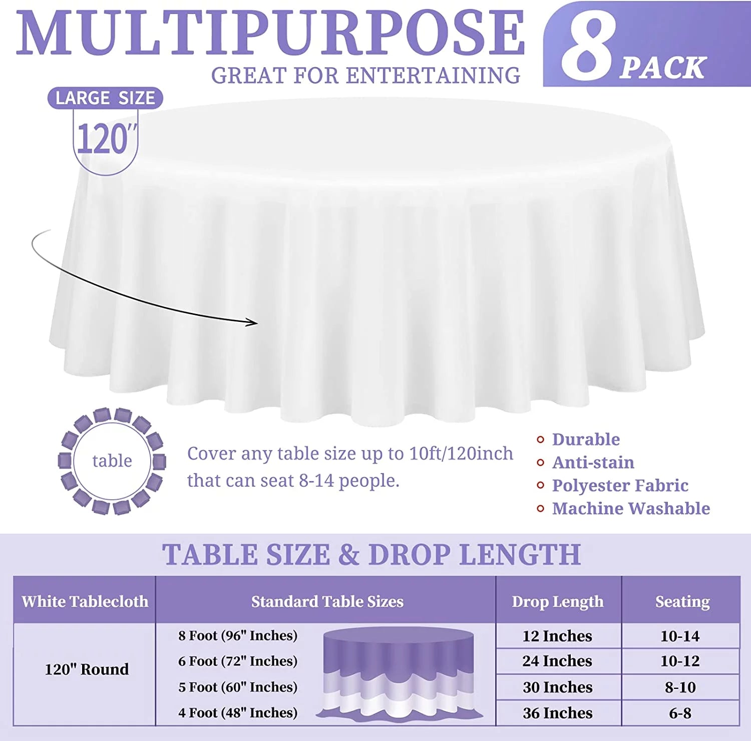 8 Pack 120 Inch White Round Polyester Tablecloth J3143