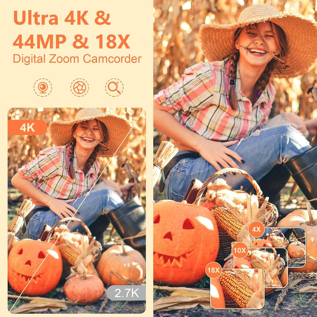 4K 44MP 18X Digital Zoom Camcorder with External Mic V259
