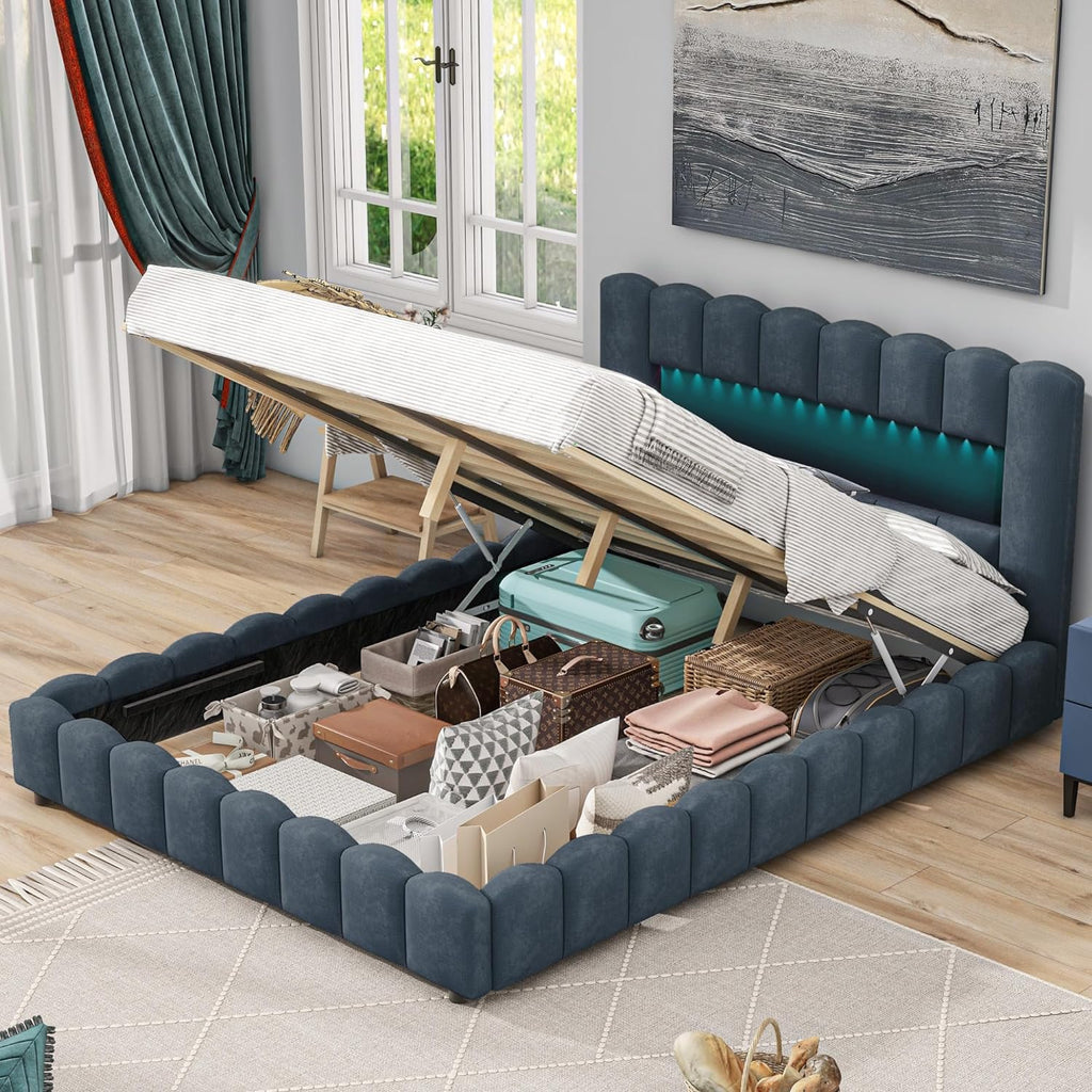 Deep Blue Linen Queen Size Bed with Lift Up Storage Q5927