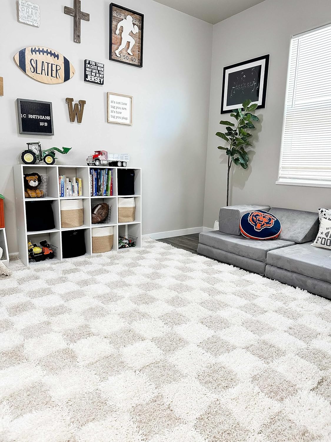 Beige Cream White Checkered Fluffy Shag Area Rug 6'7" x 9'6" K365