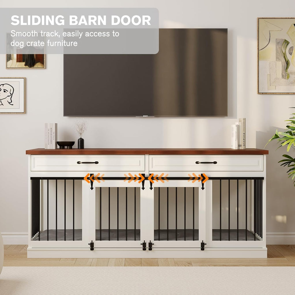 White Wooden Dog Kennel with Sliding Barn Doors and 2 Drawer M679762