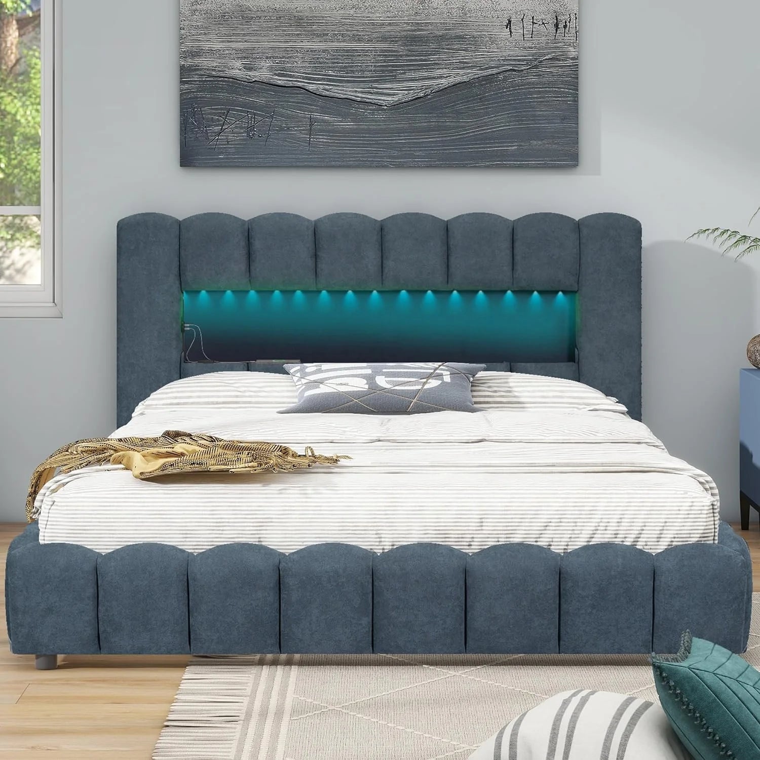 Deep Blue Linen Queen Size Bed with Lift Up Storage Q5927