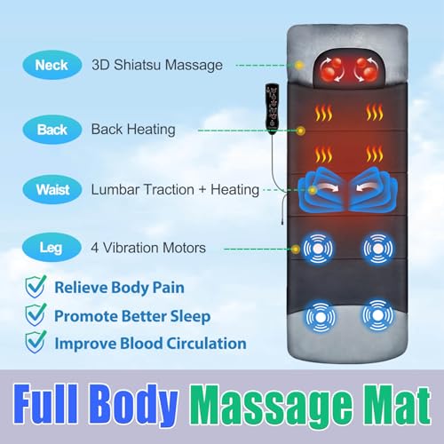 Full Body Massage Mat with Shiatsu Neck Massager, 3D Lumbar Traction, Back & Waist Heat, 4 Vibrating Motors N873