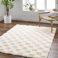 Beige Cream White Checkered Fluffy Shag Area Rug 6'7" x 9'6" K365