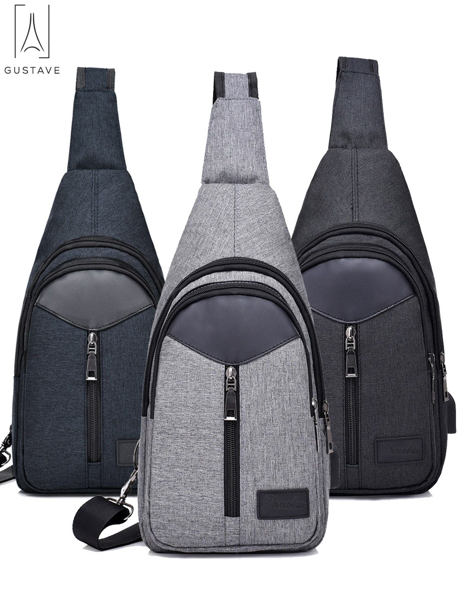 Black Nylon Chest Sling Bag with USB Charge Port T502678
