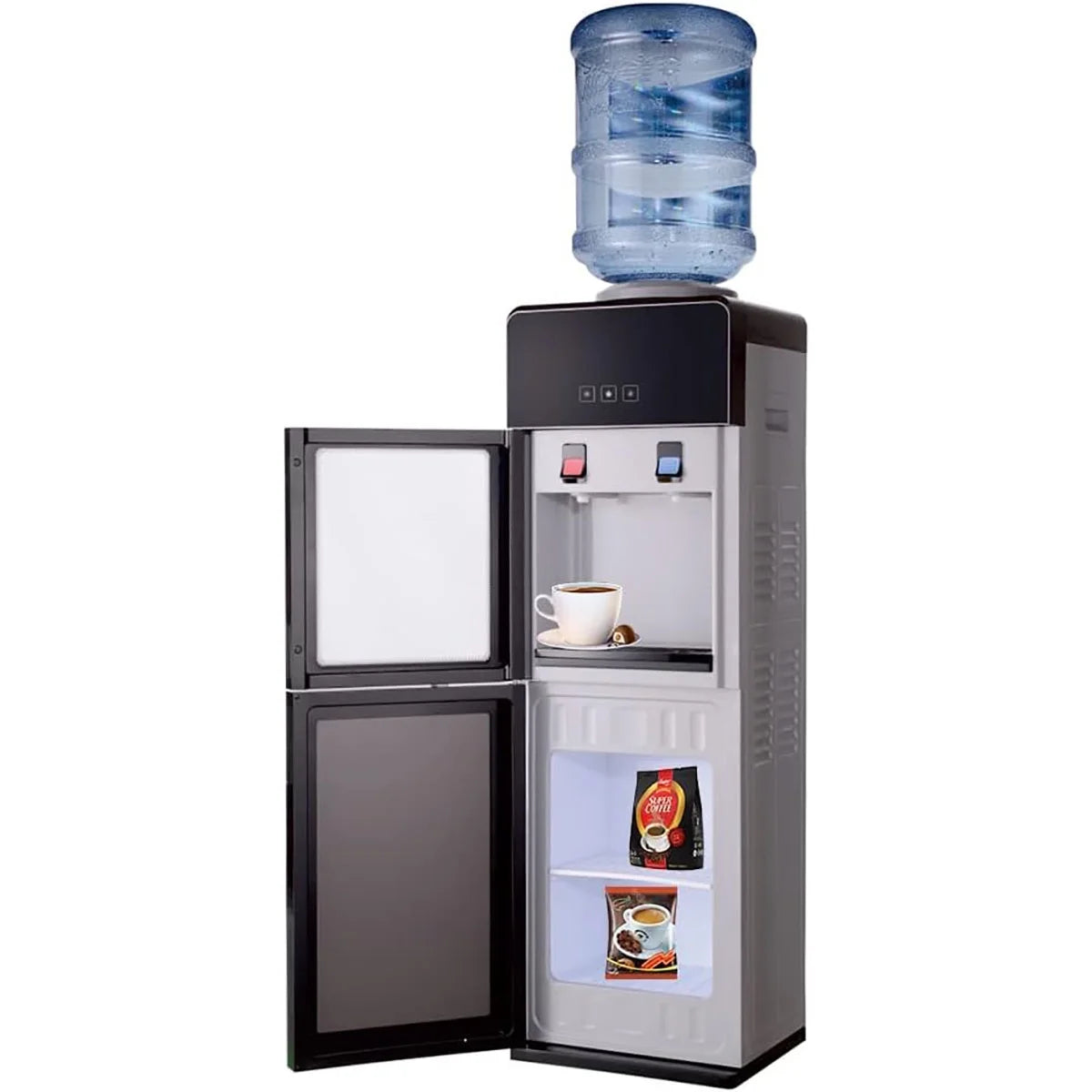 Top-Loading Water Dispenser for 5 Gallon Bottles, Hot & Cold Water Cooler with Storage Cabinet & Glass Door, Gray Y79674