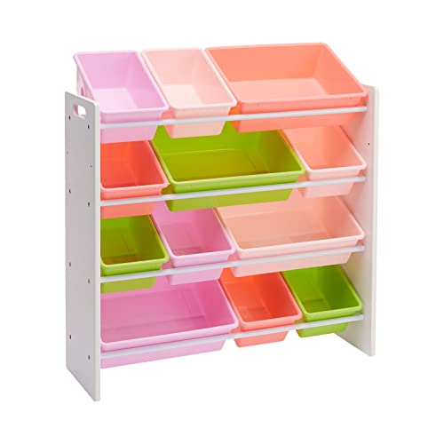 White Wood Kids Toy Storage Organizer with 12 Plastic Pink Bins E89362