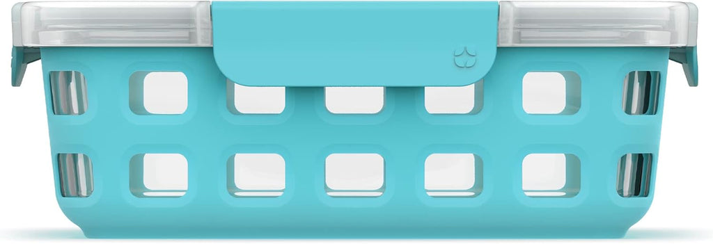Sky Blue Glass Food Storage Container with Silicone Sleeve and Airtight Lid K4722