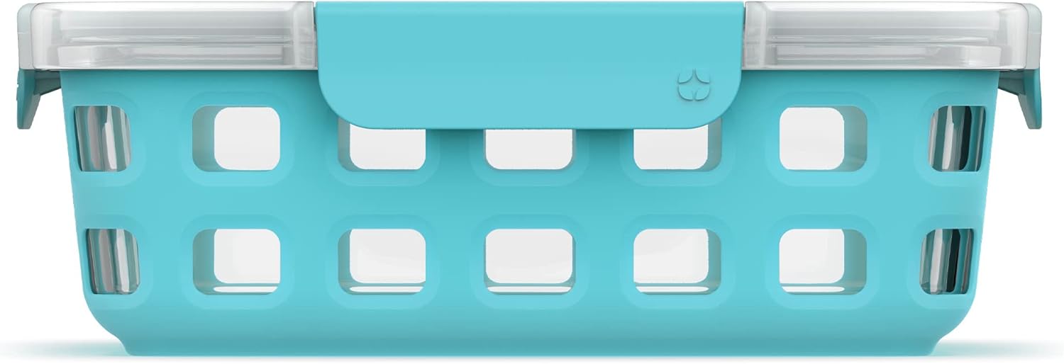 Sky Blue Glass Food Storage Container with Silicone Sleeve and Airtight Lid K4722