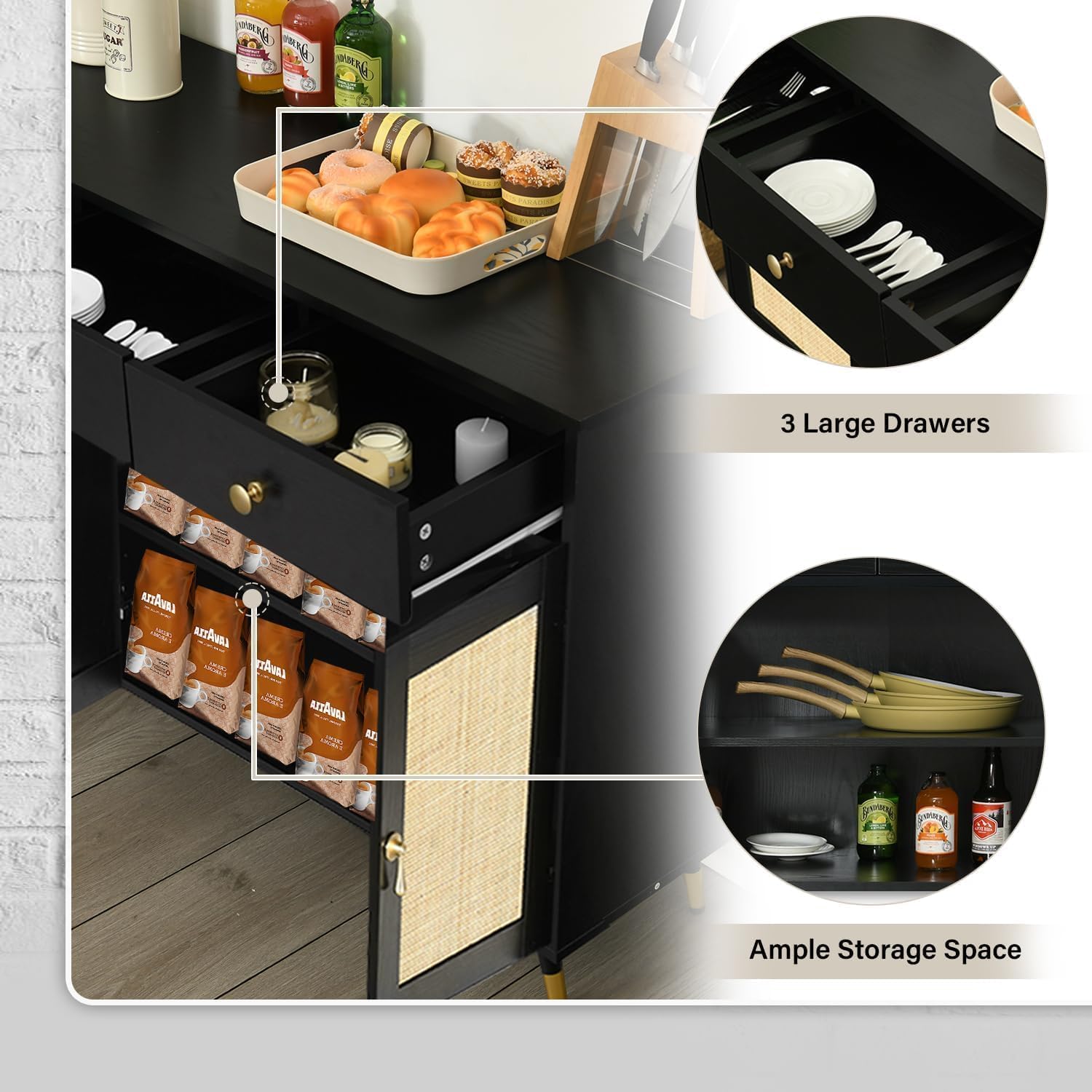 Black Sideboard Storage Cabinet with 4 Rattan Doors and 2 Drawers G3589