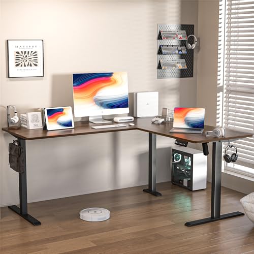 L-Shaped Electric Standing Desk, 63x55 Inch, Walnut, Adjustable Height, Wheeled A362
