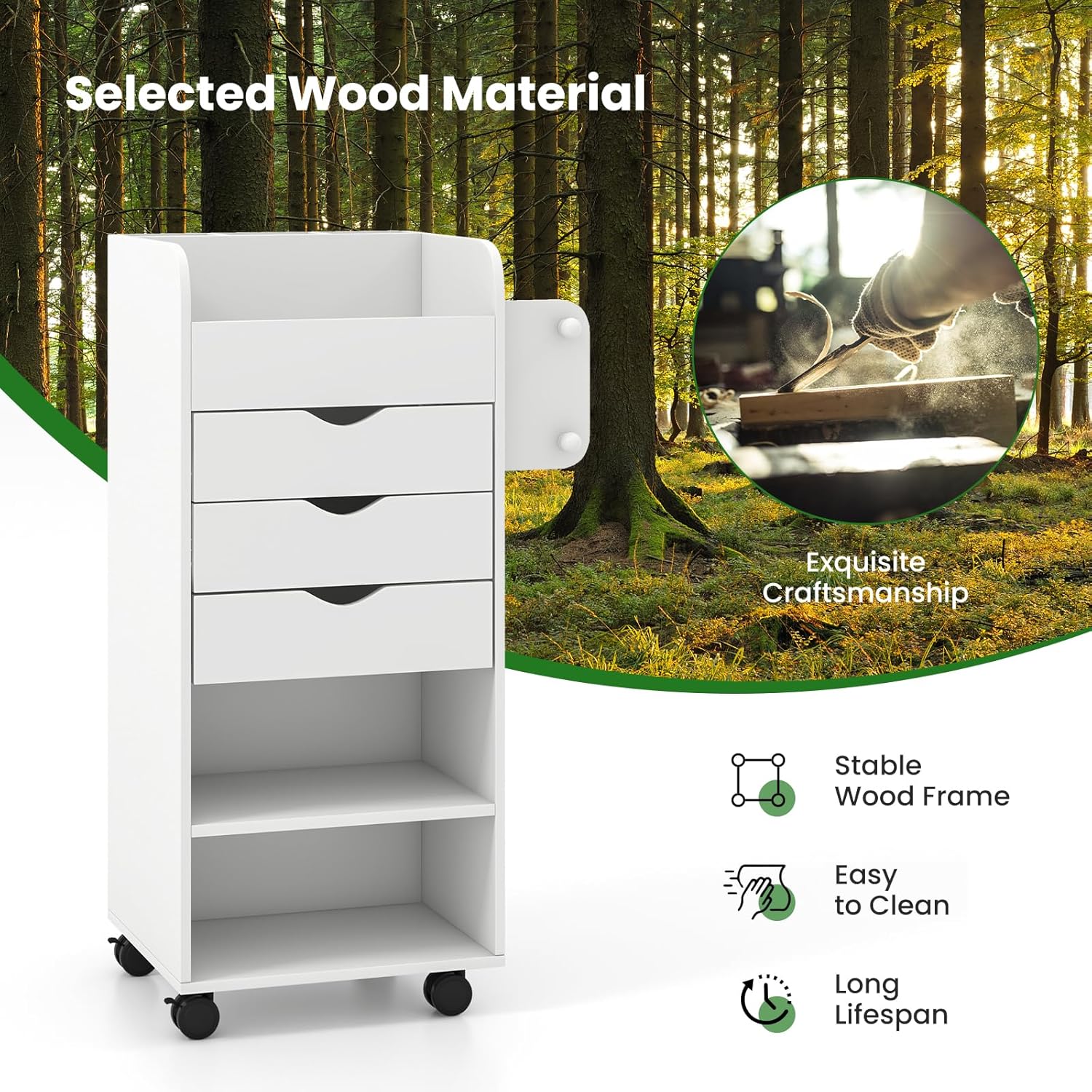 Rolling Storage Drawer Cart with 3 Drawers, 2 Open Shelves, Lockable Casters M228192