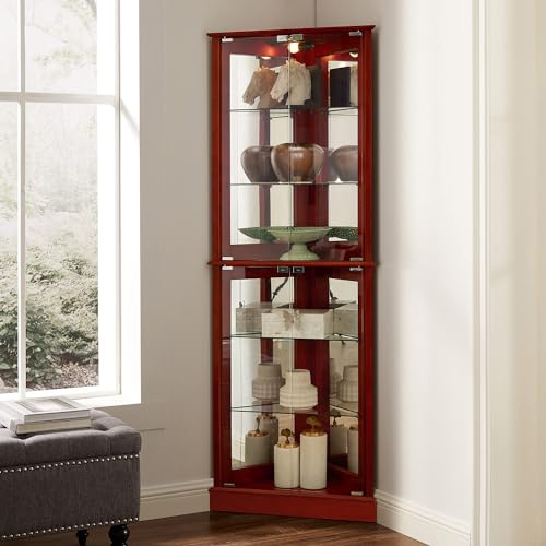 72" Tall Corner 6-Shelf Curio Cabinet with Tempered Glass Doors and Adjustable Storage Shelves (Cherry) N7638