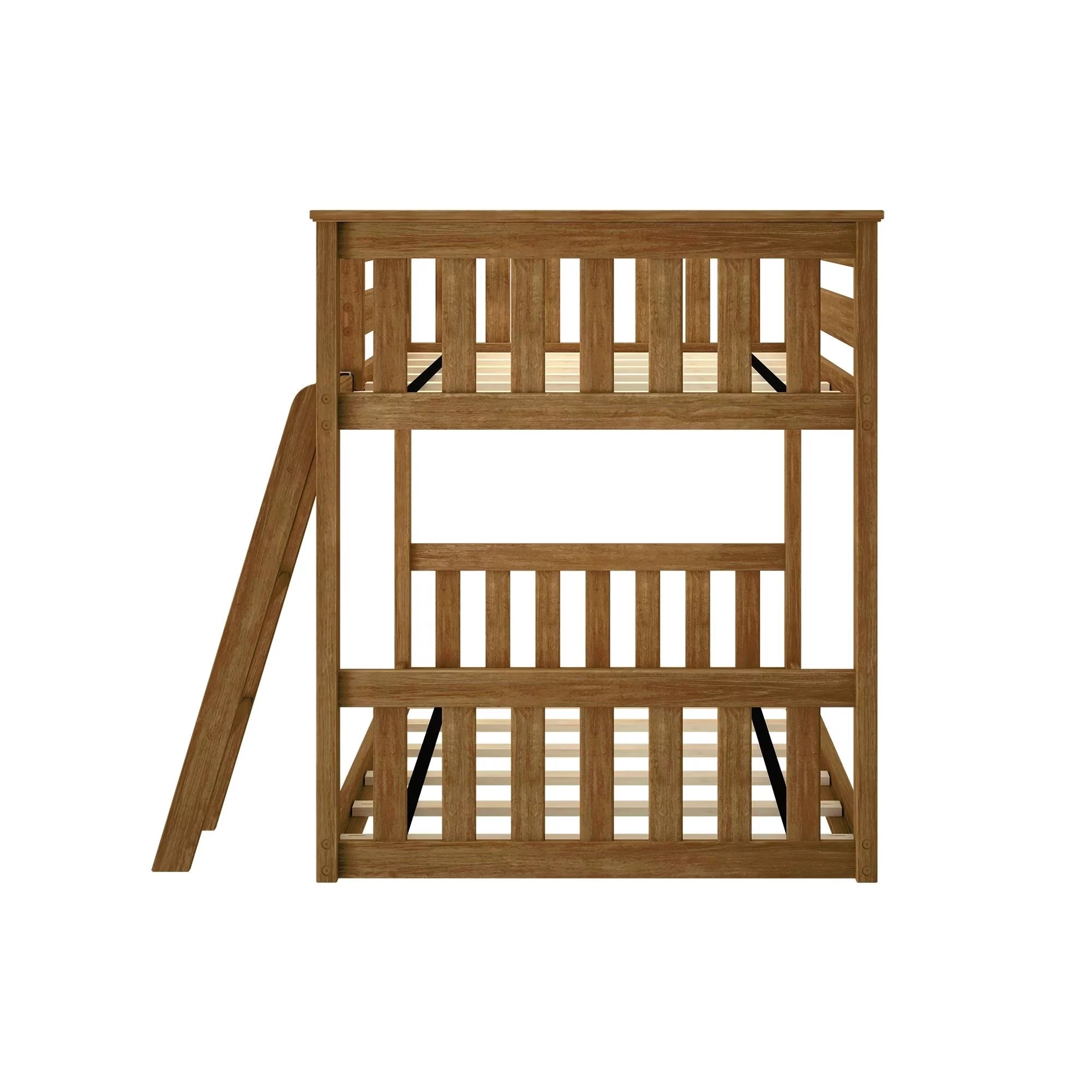Twin over Twin Solid Wood Low Bunk Bed with Ladder, Pecan Z524569