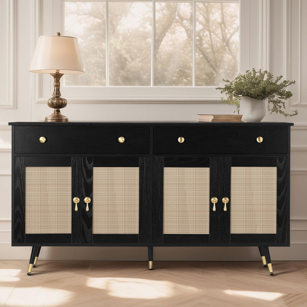 Black Sideboard Storage Cabinet with 4 Rattan Doors and 2 Drawers G3589