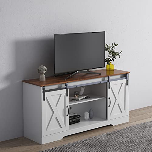 White 59 Inch Wood TV Stand with Sliding Barn Doors F7941