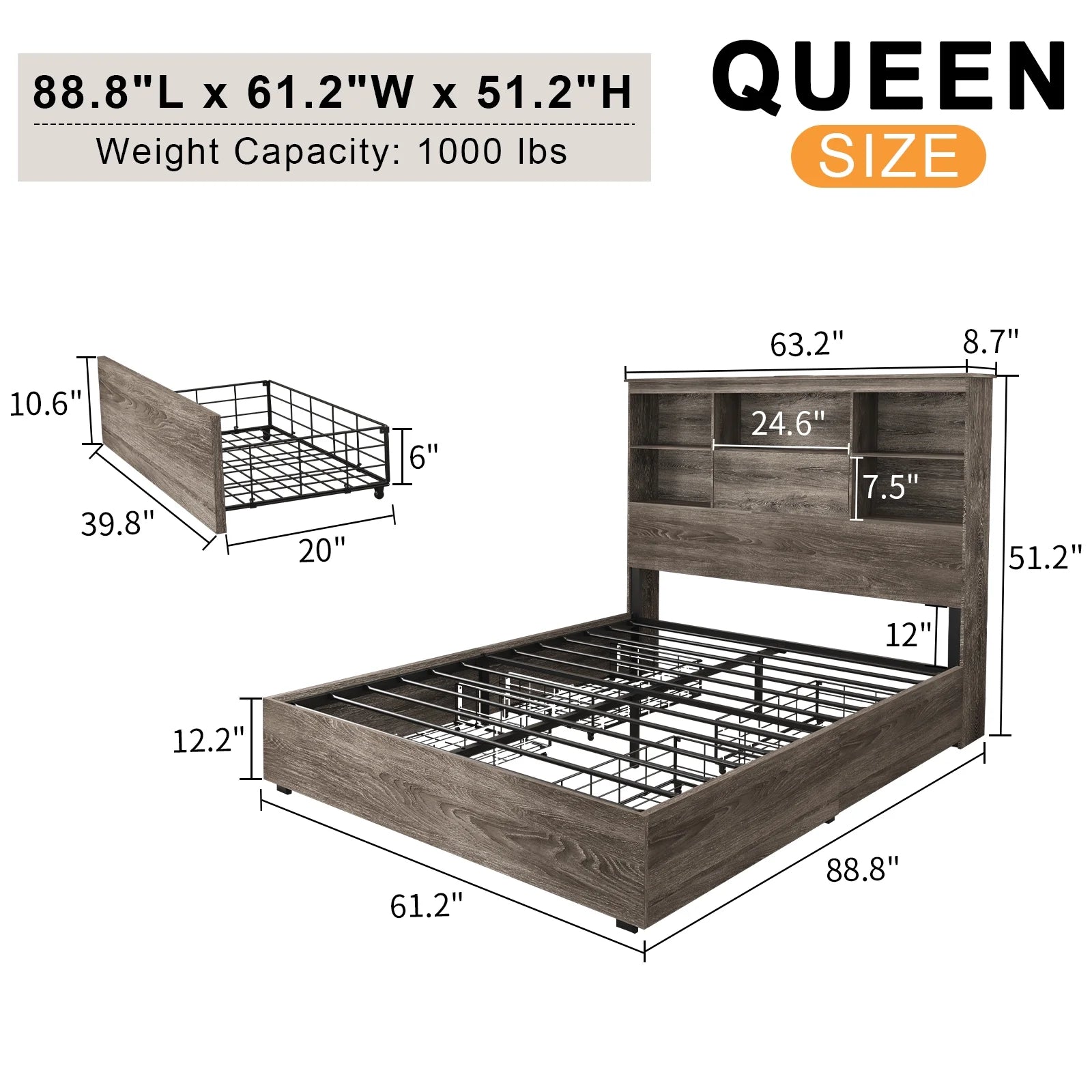 Queen Size Wooden Bed Frame with 4 Drawers T9281