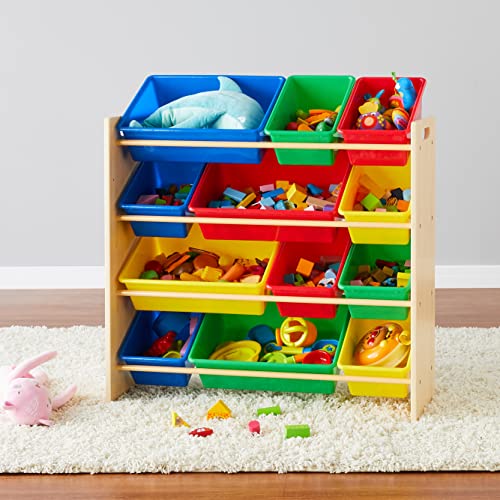 White Wood Kids Toy Storage Organizer with 12 Plastic Pink Bins E89362