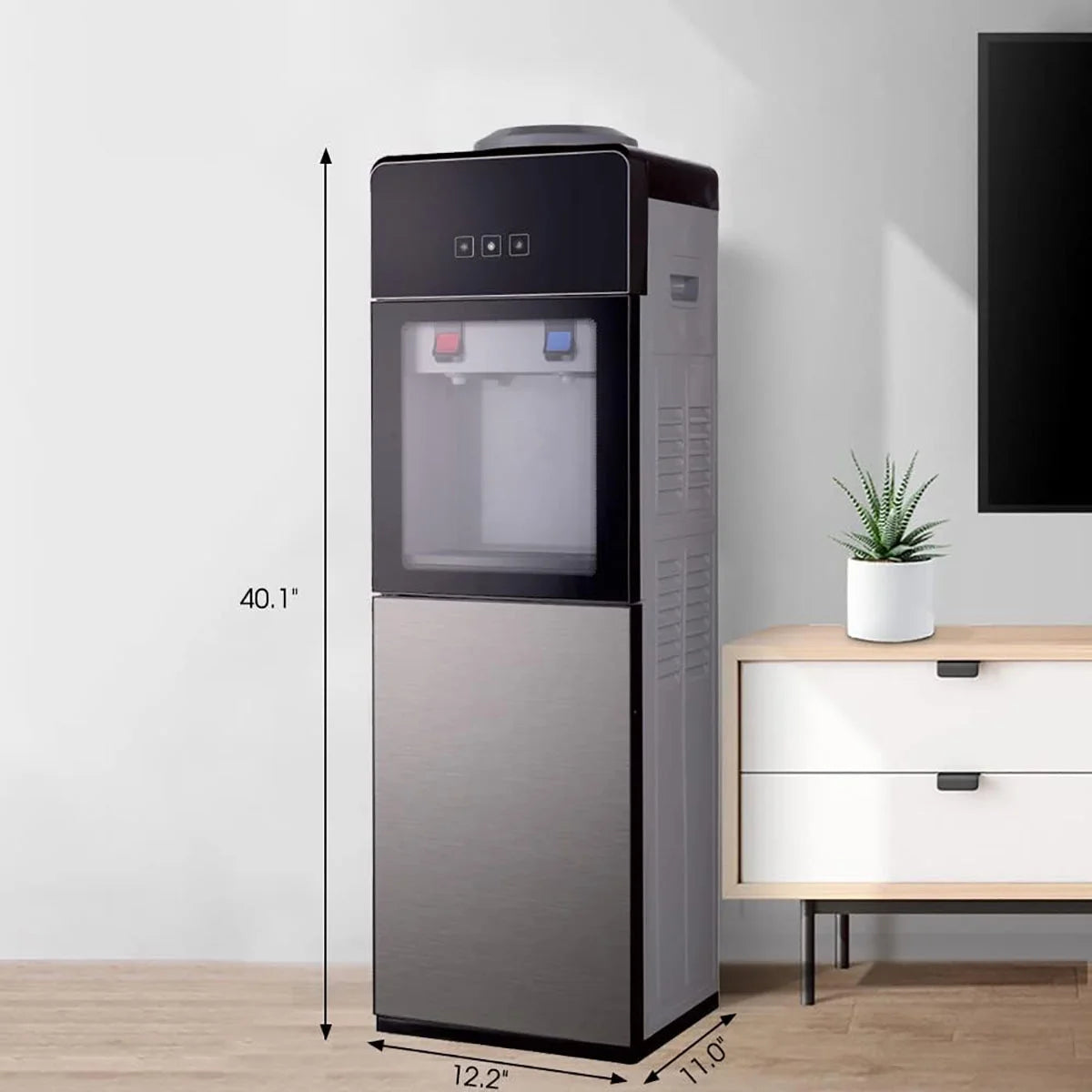 Top-Loading Water Dispenser for 5 Gallon Bottles, Hot & Cold Water Cooler with Storage Cabinet & Glass Door, Gray Y79674