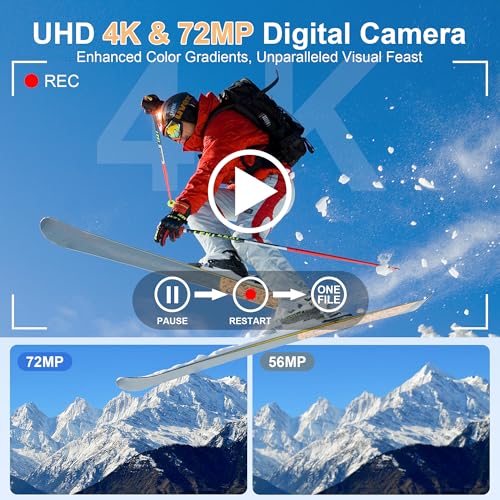 4K Digital Camera with 12X Optical Zoom, 72MP, 270° Flip Screen, 2 Batteries, 32GB SD Card D35687