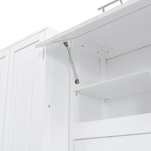 Queen Murphy Bed with Desk, Foldable Queen Wood Wall Bed with Storage Shelves, White B6475
