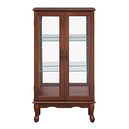 Walnut Wooden Curio Display Cabinet with 3-Tier Adjustable Shelves Tempered Glass N17567