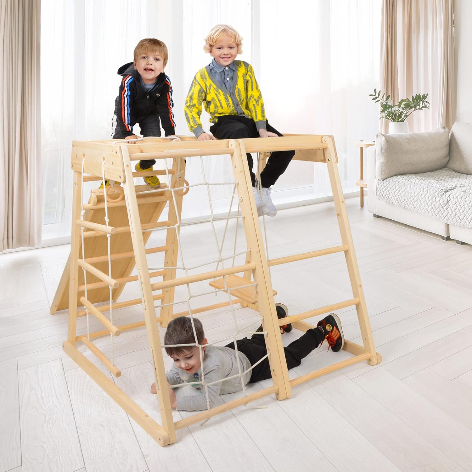 Wood Playset 9-in-1 with Slide, Basketball, Swing, Jungle Gym, Swedish Ladder, Monkey Bars, Rope Ladder, Rock Wall Dome Q7352