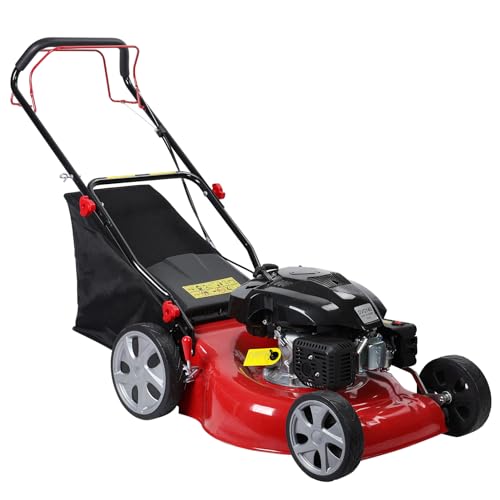 20-Inch Gas Push Lawn Mower, 141CC 4-Cycle Engine, Self Propelled, Side Discharge, High Rear Wheels, 7-Position Single Wheel Height Adjustment (Red) R615