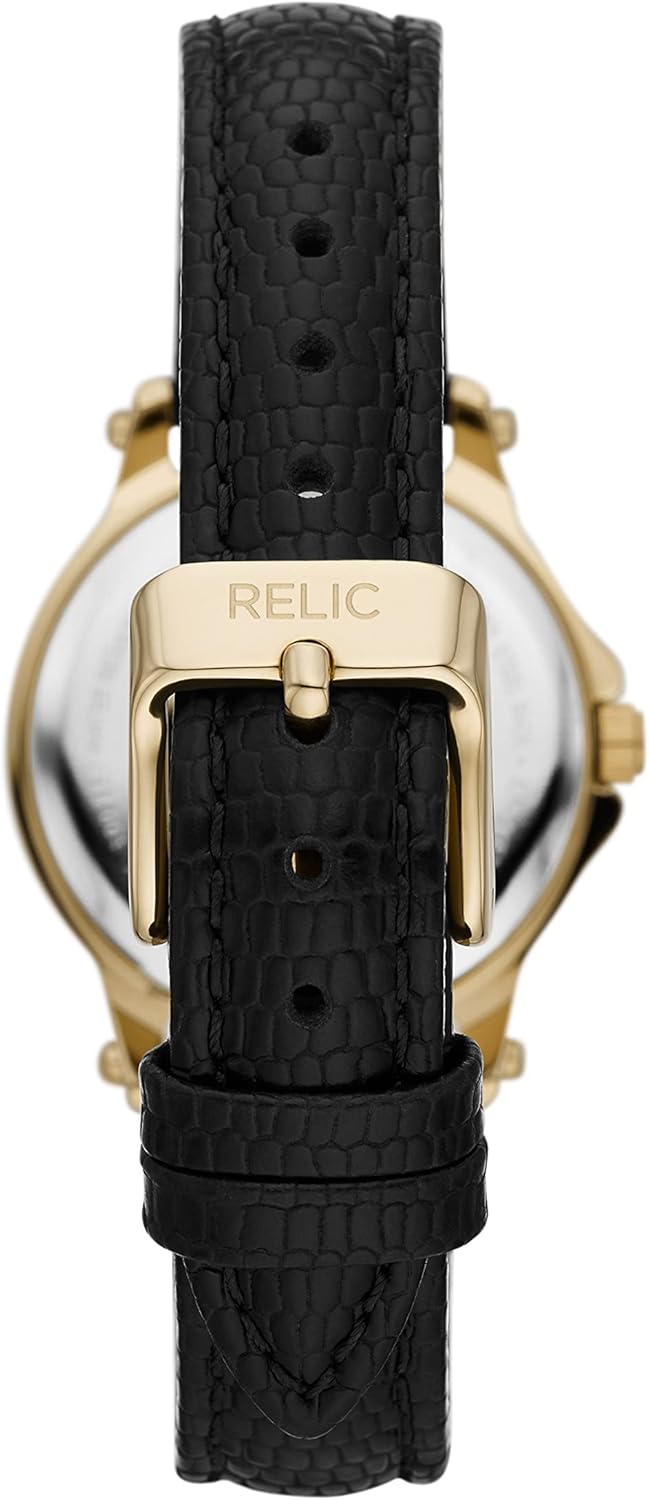 Gold Alloy Metal and Black Leather Band Watch E705954